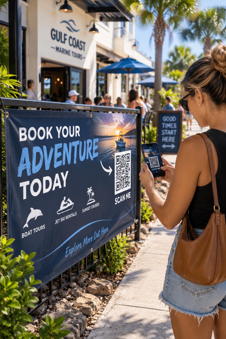 Customer scanning a banner with a QR code outside a waterfront business