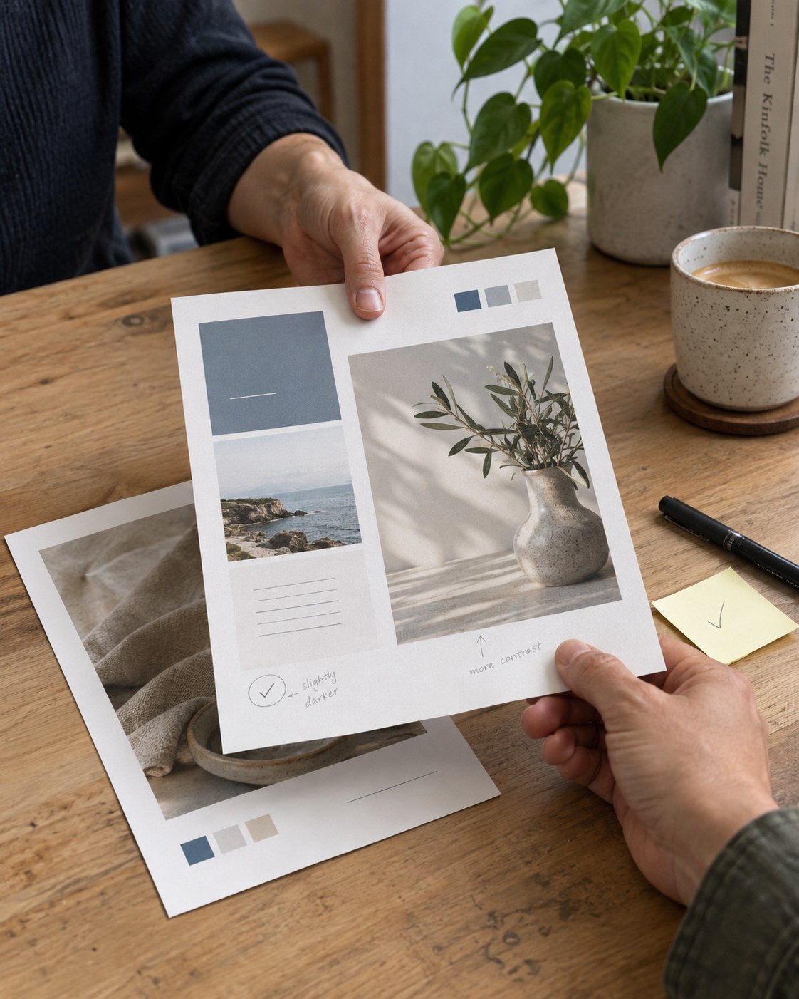 Business card proof sheets reviewed beside a plant and coffee, with contrast notes