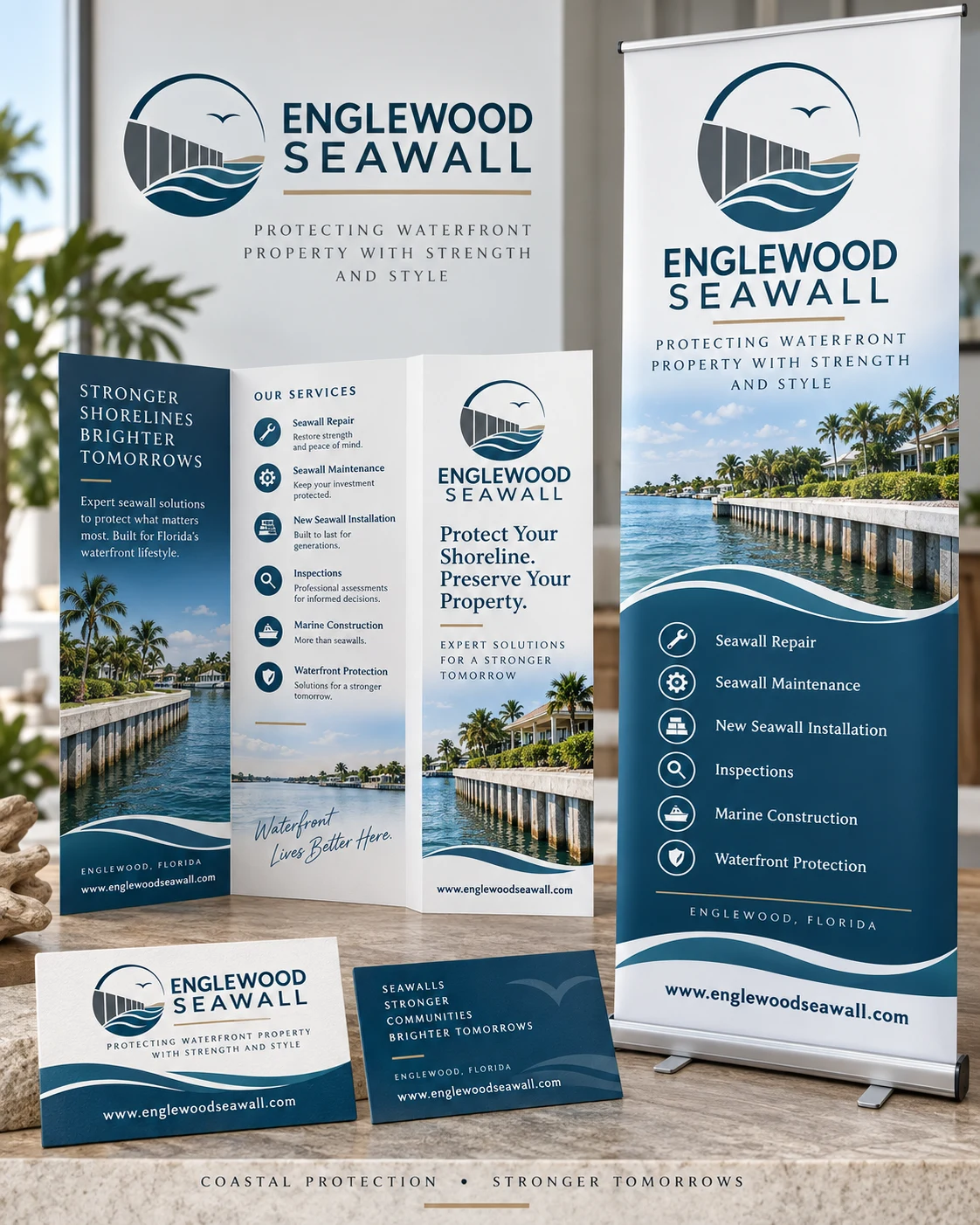 Printed marketing pieces arranged for a brand handoff