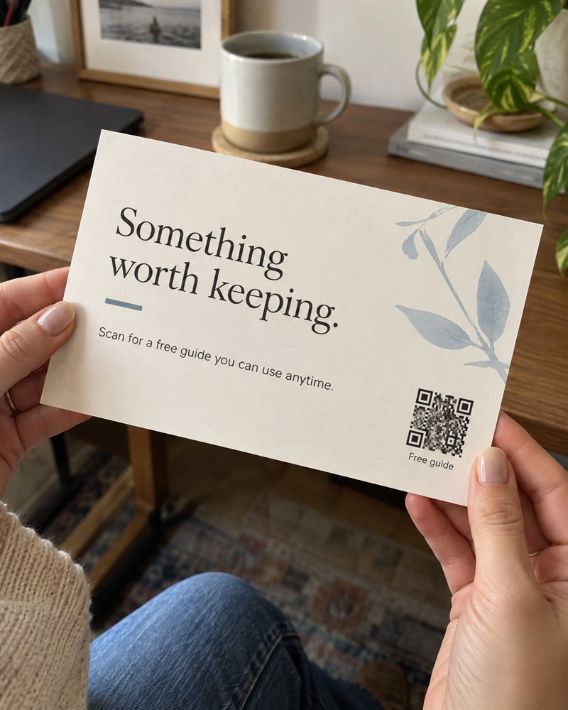 A person holds a coastal brochure card titled “Something Worth Keeping” with a QR code for a free guide