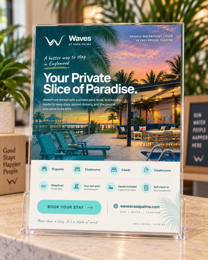 Waterfront vacation rental flyer displayed in a clear stand