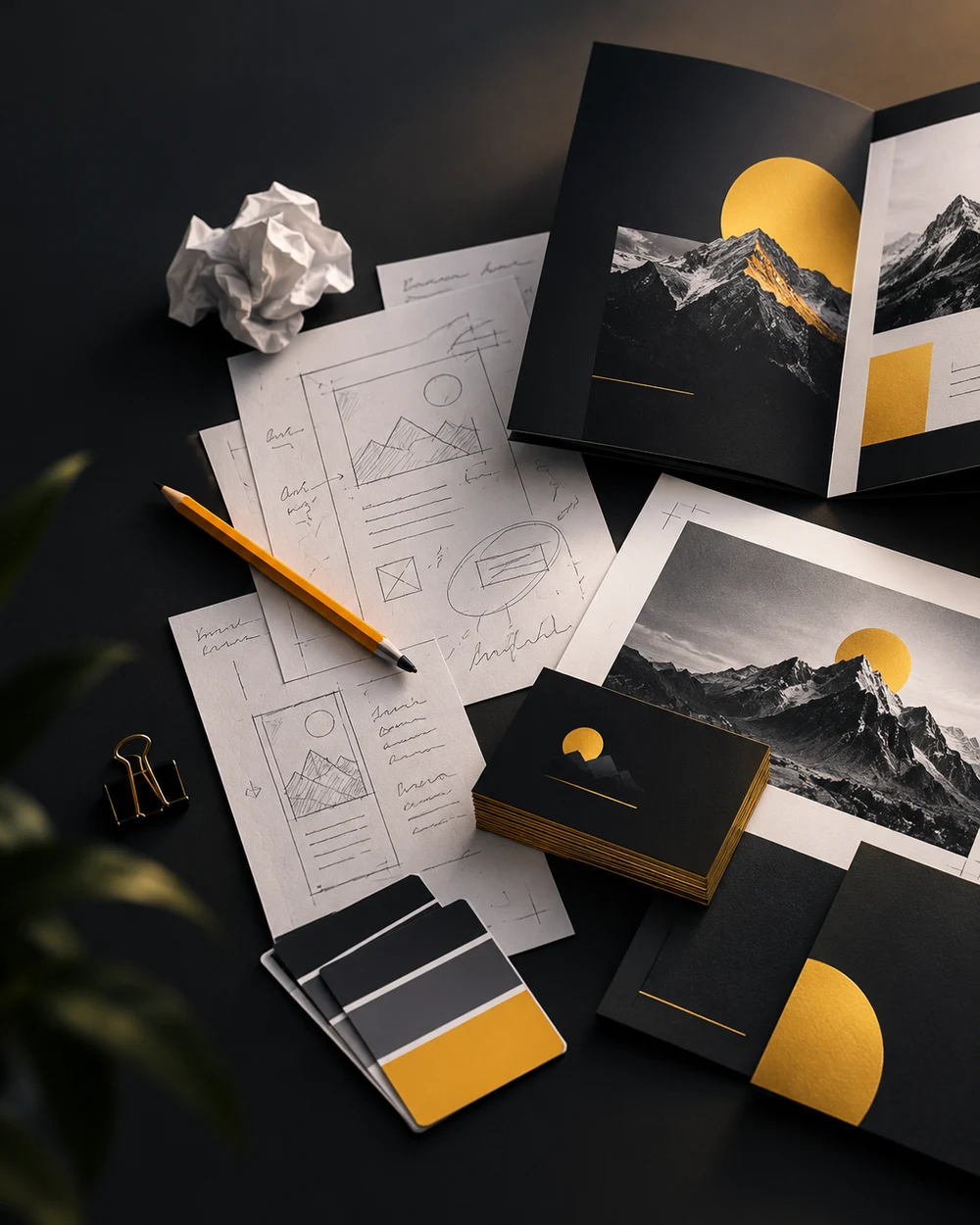 Branded print concepts arranged with a folded brochure, sketches and color swatches